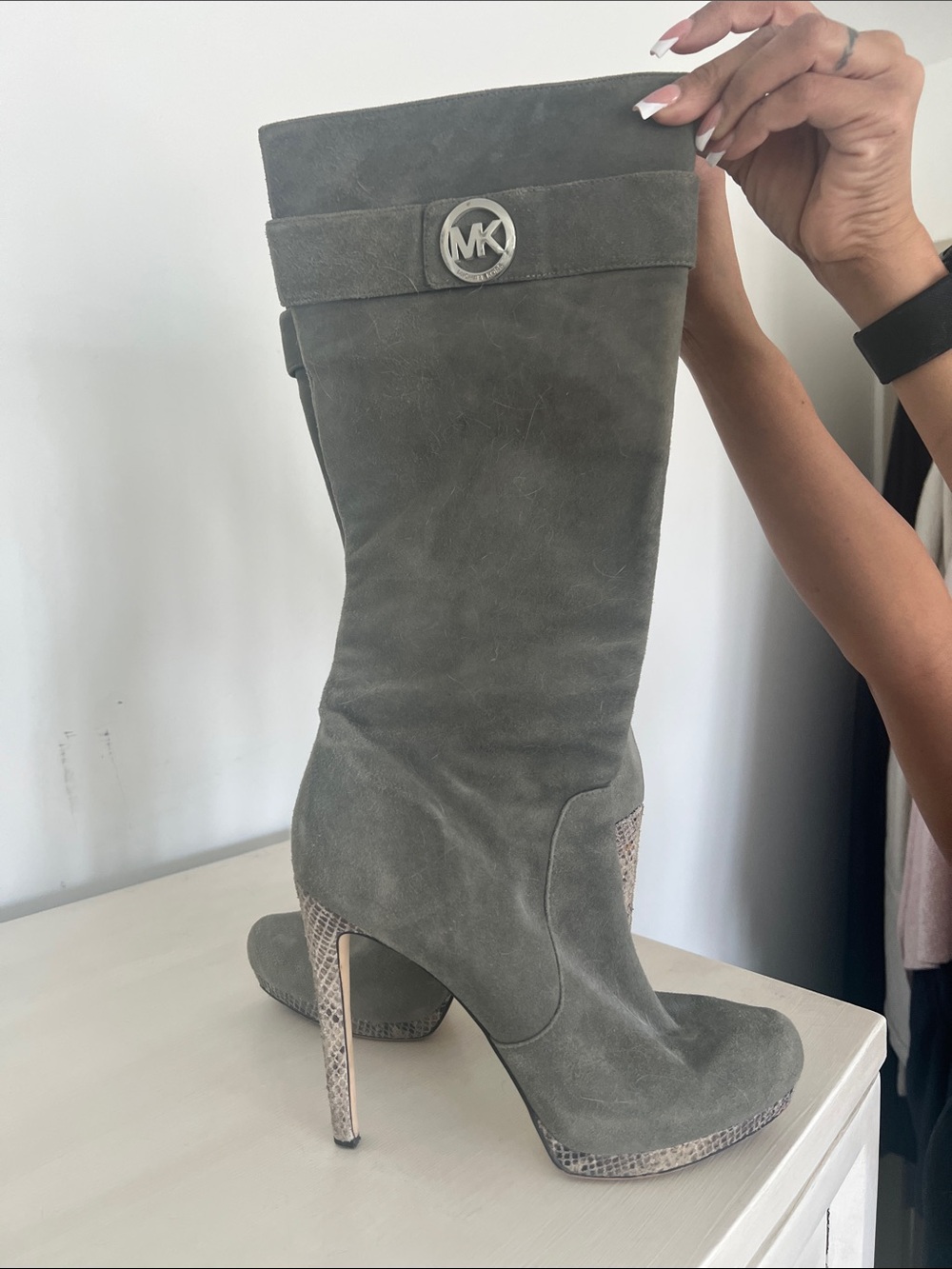 Michael Kors Gray Suede Knee-High Stiletto Boots with Snakeskin Accents